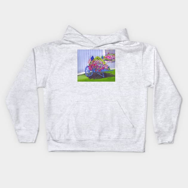 Wheelbarrel in Town Square, Ocean Park Maine Kids Hoodie by ROSEANN MESERVE 